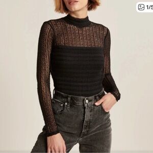 Abercrombie & Fitch Chic Black Lace Mock Neck Long Sleeve Bodysuit (Medium)
